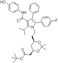 CAS # 265989-36-4, (4R,6R)-6-[2-[2-(4-Fluorophenyl)-4-[[(4-hydroxyphenyl)amino]carbonyl]-5-(1-methylethyl)-3-phenyl-1H-pyrrol-1-yl]ethyl]-2,2-dimethyl-1,3-dioxane-4-acetic acid tert-butyl ester