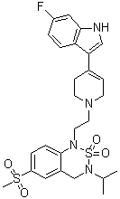 CAS # 271780-64-4, 1-[2-[4-(6-Fluoro-1H-indol-3-yl)-3,6-dihydro-1(2H)-pyridinyl]ethyl]-3,4-dihydro-3-(1-methylethyl)-6-(methylsulfonyl)-1H-2,1,3-benzothiadiazine 2,2-dioxide, LY 393558