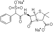CAS 登录号：28002-18-8, 磺苄西林钠, 磺苄青霉素钠, (2S,5R,6R)-3,3-二甲基-6-(2-苯基-2-磺基乙酰氨基)-7-氧代-4-硫杂-1-氮杂双环[3.2.0]庚烷-2-甲酸二钠盐