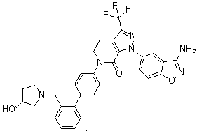 CAS # 280118-23-2, BMS 740808, 1-(3-Amino-1,2-benz[d]isoxazol-5-yl)-3-trifluoromethyl-6-[4-[2-[[(3R)-3-hydroxy-1-pyrrolidinyl]methyl]phenyl]phenyl]-1,4,5,6-tetrahydro-7H-pyrazolo[3,4-c]pyridin-7-one