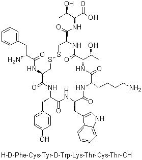 CAS # 302794-43-0, D-Phenylalanyl-L-cysteinyl-L-tyrosyl-D-tryptophyl-L-lysyl-L-threonyl-L-cysteinyl-L-threonine cyclic (2→7)-disulfide, Tyr3-Octreotate