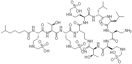 CAS # 30387-41-8, Colistin-1,3,5,9-tetramethanesulfonic B acid, 1-[(2S)-2-[(6-Methyl-1-oxoheptyl)amino]-4-[(sulfomethyl)amino]butanoic acid]-3-[(2S)-2-amino-4-[(sulfomethyl)amino]butanoic acid]-5-[(2S)-2-amino-4-[(sulfomethyl)amino]butanoic acid]-9-[(2S)-2-amino-4-[(sulfomethyl)amino]butanoic acid]polymyxin E2