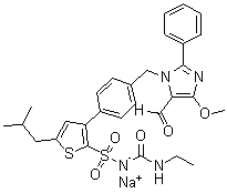 structure of CAS# 306288-04-0, N-[(Ethylamino)carbonyl]-3-[4-[(5-formyl-4-methoxy-2-phenyl-1H-imidazol-1-yl)methyl]phenyl]-5-(2-methylpropyl)-2-thiophenesulfonamide monosodium salt