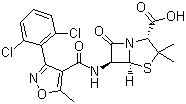 CAS # 3116-76-5, Dicloxacillin, 7-[[3-(2,6-Dichlorophenyl)-5-methyl-oxazol-4-yl]carbonylamino]-3,3-dimethyl-6-oxo-2-thia-5-azabicyclo[3.2.0]heptane-4-carboxylic acid