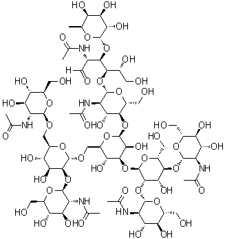 CAS # 321142-61-4, O-2-(Acetylamino)-2-deoxy-beta-D-glucopyranosyl-(1→2)-O-[2-(acetylamino)-2-deoxy-beta-D-glucopyranosyl-(1→4)]-O-alpha-D-mannopyranosyl-(1→3)-O-[O-2-(acetylamino)-2-deoxy-beta-D-glucopyranosyl-(1→2)-O-[2-(acetylamino)-2-deoxy-beta-D-glucopyranosyl-(1→6)]-alpha-D-mannopyranosyl-(1→6)]-O-beta-D-mannopyranosyl-(1→4)-O-2-(acetylamino)-2-deoxy-beta-D-glucopyranosyl-(1→4)-O-[6-deoxy-alpha-L-galactopyranosyl-(1→3)]-2-(acetylamino)-2-deoxy-D-glucose