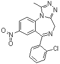 structure of CAS# 33887-02-4, 8-Nitro-6-(2-chlorophenyl)-1-methyl-4H-s-triazolo[4,3-a][1,4]benzodiazepine