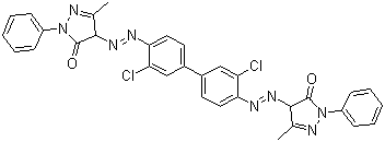 CAS 登录号：3520-72-7, 颜料橙 13, 永固桔黄 G, 4,4'-[[3,3'-二氯(1,1'-联苯)-4,4'-二基]二(偶氮)]二[2,4-二氢-5-甲基-2-苯基-3H-吡唑-3-酮]