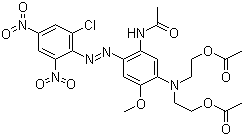 CAS 登录号：3618-73-3, 分散蓝 79:1, 2,2'-[[5-乙酰氨基-4-[(2-氯-4,6-二硝基苯基)偶氮]-2-甲氧基苯基]亚氨基]二乙基二乙酸酯