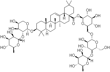 CAS # 36284-77-2, Hederasaponin B, Eleutheroside M, Glycoside L-G2, Hederacolchiside C, Hederacoside B, Hederagenin B, Saponin Pl3, Tauroside G2, Tauroside St-G2, (3beta)-3-[[2-O-(6-Deoxy-alpha-L-mannopyranosyl)-alpha-L-arabinopyranosyl]oxy]-Olean-12-en-28-oic acid O-6-deoxy-beta-L-mannopyranosyl-(1-4)-O-beta-D-glucopyranosyl-(1-6)-beta-D-glucopyranosyl ester