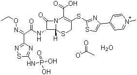 CAS 登录号：400827-55-6 (866021-48-9), 4-[2-[[(6R,7R)-2-羧基-7-[[(2Z)-(乙氧基亚氨基)[5-(膦酰氨基)-1,2,4-噻二唑-3-基]乙酰基]氨基]-8-氧代-5-硫杂-1-氮杂双环[4.2.0]辛-2-烯-3-基]硫基]-4-噻唑基]-1-甲基吡啶鎓乙酸盐水合物