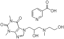 CAS 登录号：437-74-1, 烟酸占替诺, 尼可占替诺, 7-[2-羟基-3-(2-羟乙基-甲胺基)丙基]-1,3-二甲基-嘌呤-2,6-二酮烟酸盐
