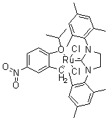 structure of CAS# 502964-52-5, (SP-5-41)-[1,3-双(2,4,6-三甲基苯基)-2-咪唑烷亚基][[2-(1-甲基乙氧基)-5-硝基苯基]亚甲基]二氯化钌