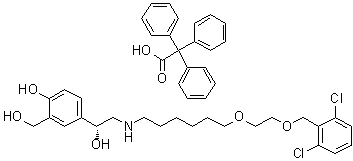 CAS # 503070-58-4, Vilanterol trifenatate, 4-[(R)-2-[[6-[2-(2,6-Dichlorobenzyloxy)ethoxy]hexyl]amino]-1-hydroxyethyl]-2-(hydroxymethyl)phenol triphenylacetate, GW 642444M
