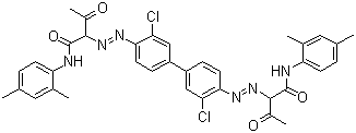 CAS 登录号：5102-83-0, 颜料黄 13, 永固黄 GR, 2,2'-(3,3'-二氯-1,1'-联苯-4,4'-双偶氮)双[N-(2,4-二甲基苯基)-3-氧代-丁酰胺]