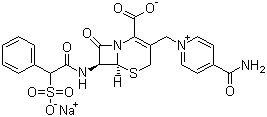 CAS 登录号：52152-93-9, 头孢磺啶钠, (6R,7R)-3-[(4-氨基甲酰基吡啶-1-鎓-1-基)甲基]-8-氧代-7-[[(2R)-2-苯基-2-磺酸基乙酰]氨基]-5-硫-1-氮杂双环[4.2.0]辛-2-烯-2-甲酸钠