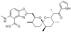 CAS # 52665-69-7, Calcium ionophore A 23187, Calimycin, Ionophore A 23187, [6S-[6alpha(2S*,3S*),8beta(R*),9beta,11alpha]]-5-(Methylamino)-2-[[3,9,11-trimethyl-8-[1-methyl-2-oxo-2-(1H-pyrrol-2-yl)ethyl]-1,7-dioxaspiro[5,5]undec-2-yl]methyl]-4-benzoxazolecarboxylic acid