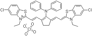 structure of CAS# 53655-17-7, 5,5'-二氯-11-二苯基氨基-3,3'-二乙基-10,12-乙烯噻三碳菁高氯酸盐