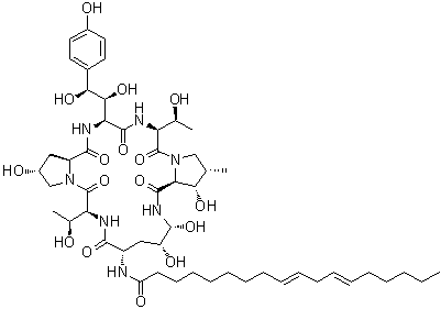 structure of CAS# 54651-05-7, [1(Z,Z),6(2alpha,3beta,4beta)]-(4R,5R)-4,5-二羟基-N2-(1-氧代-9,12-十八碳二烯基)-L-鸟氨酰-L-苏氨酰-反式-4-羟基-L-脯氨酰-(S)-4-羟基-4-(4-羟基苯基)-L-苏氨酰-L-苏氨酰-3-羟基-4-甲基-L-脯氨酸环 (6→1)-肽
