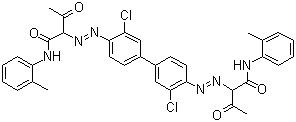 CAS 登录号：5468-75-7, 颜料黄 14, 永固黄 G, 2,2'-(3,3'-二氯-1,1'-联苯-4,4'-双偶氮)双[N-(2-甲基苯基)-3-氧代-丁酰胺]