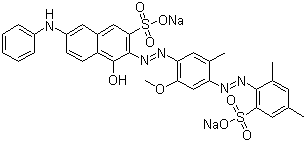 CAS # 5489-77-0, Direct Violet 51, Diazol Light Violet B, Diphenyl Brilliant Violet B, Diphenyl Brilliant Violet RC, Direct Fast Violet BL, Direct Violet 51, Durazol Helio B, Durazol Helio BP, Durazol Helio BS, Eliamina Violet BL, Fastusol Violet BB-CF, Fenaluz Violet 2B, Helion Violet 2B, Hispaluz Violet FFB, Mitsui Direct Violet 2BL, Pontamine Fast Heliotrope B, 3-[2-[4-[2-(2,4-Dimethyl-6-sulfophenyl)diazenyl]-2-methoxy-5-methylphenyl]diazenyl]-4-hydroxy-7-(phenylamino)-2-naphthalenesulfonic acid sodium salt