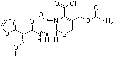 CAS 登录号：55268-75-2, 头孢呋肟, 头孢呋辛, (6R,7R)-7-[2-呋喃基(甲氧亚氨基)乙酰氨基]-3-氨基甲酰氧甲基-8-氧代-5-硫杂-1-氮杂二环[4.2.0]辛-2-烯-2-甲酸