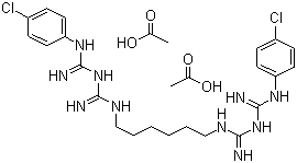 CAS 登录号：56-95-1, 醋酸氯己定, 醋酸洗必泰, 1,1'-己基双[5-(对氯苯基)双胍]醋酸盐