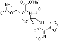 CAS 登录号：56238-63-2, 头孢呋辛钠, (6R,7R)-7-[2-呋喃基(甲氧亚氨基)乙酰氨基]-3-氨基甲酰氧甲基-8-氧代-5-硫杂-1-氮杂二环[4.2.0]辛-2-烯-2-甲酸钠