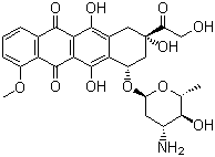 CAS 登录号：56420-45-2, 表阿霉素, 表柔比星, 表柔吡星, (8S,10S)-10-[(3'-氨基-2',3',6'-三脱氧-alpha-L-阿拉伯吡喃糖基)-O-]-6,8,11-三羟基-8-羟乙酰基-1-甲氧基-7,8,9,10-四氢并四苯-5,12-二酮