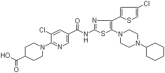 structure of CAS# 570406-98-3, 1-[3-氯-5-[[[4-(4-氯-2-噻吩基)-5-(4-环己基-1-哌嗪基)-2-噻唑基]氨基]羰基]-2-吡啶基]-4-哌啶羧酸