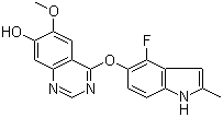 structure of CAS# 574745-76-9, 4-(4-Fluoro-2-methyl-1H-indol-5-yloxy)-6-methoxyquinazolin-7-ol
