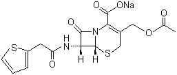 CAS 登录号：58-71-9, 头孢噻吩钠, (6R,7R)-3-乙酰氧甲基-8-氧代-7-[2-(噻吩-2-基)乙酰氨基]-5-硫杂-1-氮杂双环[4.2.0.]辛-2-烯-2-甲酸钠