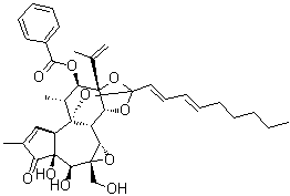 CAS # 60195-70-2, Yuanhuacium ester A, 6alpha,7alpha-Epoxy-5beta-hydroxy-9,13,14-ortho-[(2E,4E)-deca-2,4-dien-1-yl]resiniferonol-12beta-yl benzoate, Gnidilatidin, NSC 261422, NSC 270919, Odoracin, Stillingia factor S6, YHL-14, Yuanhuacin, Yuanhuacine