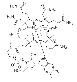 CAS # 60607-61-6, 5,6-Dichloro-5,6-didemethylvitamin B12, Cobinamide, cyanide, dihydrogen phosphate (ester), inner salt, 3'-ester with 5,6-dichloro-1-alpha-D-ribofuranosyl-1H-benzimidazol