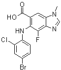 structure of CAS# 606144-04-1, 6-(4-Bromo-2-chlorophenylamino)-7-fluoro-3-methyl-benzimidazole-5-carboxylic acid