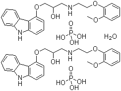 CAS # 610309-89-2, Carvedilol phosphate hemihydrate, 1-(9H-Carbozol-4-yloxy)-3-[[2-(2-methoxyphenoxy)ethyl]amino]-2-propanol phosphate hydrate (2:2:1)