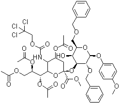 structure of CAS# 610763-72-9, 4-甲氧基苯基 2,6-二-O-(苯基甲基)-3-O-[4,7,8,9-四-O-乙酰基-1-甲基-N-[(2,2,2-三氯乙氧基)羰基]-alpha-神经胺酸基]-beta-D-吡喃半乳糖苷