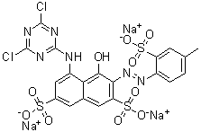 CAS # 61109-27-1, Reactive Brilliant Red X 7B, C.I. Reactive Red 88, Helaktyn Red F 4BAN, 5-[(4,6-Dichloro-1,3,5-triazin-2-yl)amino]-4-hydroxy-3-[(4-methyl-2-sulfophenyl)azo]-2,7-naphthalenedisulfonic acid trisodium salt