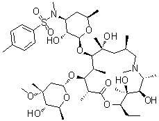 CAS # 612069-31-5, 3'-N-Demethyl-3'-N-((4-methylphenyl)sulfonyl)azithromycin, (2R,3S,4R,5R,8R,10R,11R,12S,13S,14R)-13-[(2,6-Dideoxy-3-C-methyl-3-O-methyl-alpha-L-ribo-hexopyranosyl)oxy]-2-ethyl-3,4,10-trihydroxy-3,5,6,8,10,12,14-heptamethyl-11-[[3,4,6-trideoxy-3-[methyl[(4-methylphenyl)sulfonyl]amino]-beta-D-xylo-hexopyranosyl]oxy]-1-oxa-6-azacyclopentadecan-15-one