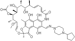 CAS 登录号：61379-65-5, 利福喷丁, 环戊哌嗪利福霉素, 环戊去甲利福平, 环戊利福平, 3-(4-环戊基-1-哌嗪基-亚氨甲基)-利福霉素