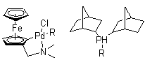 structure of CAS# 614753-51-4, 2-(Dimethylaminomethyl)ferrocen-1-yl-palladium(II) chloride dinorbornylphosphine