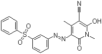 CAS # 61968-66-9, Disperse Yellow 114, 1,6-Dihydro-2-hydroxy-1,4-dimethyl-6-oxo-5-[2-[3-(phenylsulfonyl)phenyl]diazenyl]-3-pyridinecarbonitrile, Kiwalon Polyester Yellow 6GF, Ostacet Yellow S 3G, Samaron Yellow 6GSL, Serene Disperse Yellow 114, Terasil Yellow W 6GS