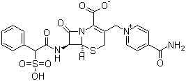 CAS 登录号：62587-73-9, 头孢磺啶, (6R,7R)-3-[(4-氨基甲酰基吡啶-1-鎓-1-基)甲基]-8-氧代-7-[[(2R)-2-苯基-2-磺酸基乙酰]氨基]-5-硫杂-1-氮杂双环[4.2.0]辛-2-烯-2-甲酸