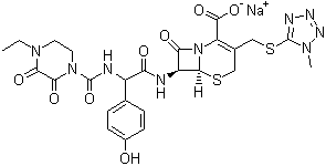 CAS 登录号：62893-20-3, 头孢哌酮钠, 7-[[(4-乙基-2,3-二氧代-1-哌嗪基)甲酰氨基](4-羟基苯基)乙酰氨基]-3-[(1-甲基-1H-四唑-5-基)硫甲基]-8-氧代-5-硫-1-氮杂双环[4.2.0]辛-2-烯-2-甲酸钠盐