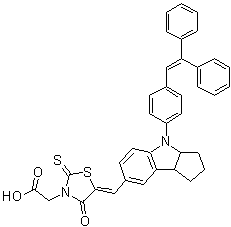 CAS # 652145-28-3, Mitsubishi D 102, D 102, 5-[[4-[4-(2,2-Diphenylethenyl)phenyl]-1,2,3,3a,4,8b-hexahydrocyclopent[b]indol-7-yl]methylene]-4-oxo-2-thioxo-3-thiazolidineacetic acid
