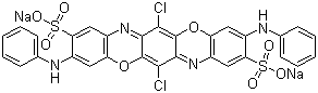 CAS # 6527-70-4, Direct Blue 106, 6,13-Dichloro-3,10-bis(phenylamino)-2,9-triphenodioxazinedisulfonic acid sodium salt, Solophenyl Blue BL, Solophenyl Brilliant Blue BL, Sumilight Supra Blue FF2GL, Tetramine Fast Blue FGL, Triantine Fast Blue VLL, Triantine Light Blue VLL