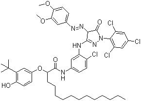 CAS 登录号：65293-90-5, N-[4-氯-3-[[4-((3,4-二甲氧基苯基)偶氮)-4,5-二氢-5-氧代-1-(2,4,6-三氯苯基-1H-吡唑-3-基)氨基]苯基]-2-[3-叔丁基-4-羟基苯氧基]十四烷酰胺