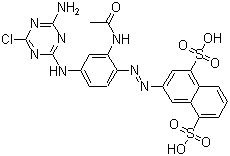 CAS # 6539-67-9, Reactive Yellow 3, Helaktyn Yellow D-GRE, Ostazin Yellow H-A, Procion Yellow H-A, Procion Yellow HAS, Reactive Yellow K-R, 3-[2-[2-(Acetylamino)-4-[(4-amino-6-chloro-1,3,5-triazin-2-yl)amino]phenyl]diazenyl]-1,5-naphthalenedisulfonic acid