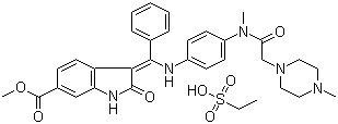 structure of CAS# 656247-18-6, (3Z)-2,3-二氢-3-[[[4-[甲基[2-(4-甲基-1-哌嗪基)乙酰]氨基]苯基]氨基]苯亚甲基]-2-氧代-1H-吲哚-6-甲酸甲酯乙磺酸盐