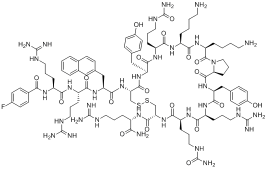 CAS # 664334-36-5, Motixafortide, (3S,6S,9S,12S,15R,20R,23S,26S,29S,32S)-3,6-bis(4-aminobutyl)-N-[(2S)-1-amino-5-carbamimidamido-1-oxopentan-2-yl]-15-[[(2S)-2-[[(2S)-5-carbamimidamido-2-[[(2S)-5-carbamimidamido-2-[(4-fluorobenzoyl)amino]pentanoyl]amino]pentanoyl]amino]-3-naphthalen-2-ylpropanoyl]amino]-26-(3-carbamimidamidopropyl)-9,23-bis[3-(carbamoylamino)propyl]-12,29-bis[(4-hydroxyphenyl)methyl]-2,5,8,11,14,22,25,28,31-nonaoxo-17,18-dithia-1,4,7,10,13,21,24,27,30-nonazabicyclo[30.3.0]pentatriacontane-20-carboxamide