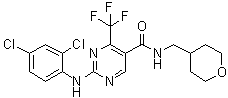 structure of CAS# 666260-75-9, 2-(2,4-Dichlorophenylamino)-4-trifluoromethylpyrimidine-5-carboxylic acid [(tetrahydropyran-4-yl)methyl]amide